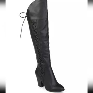 Journee Collections Womens Spritz Black Leather Corset Over The Knee Boot Heels